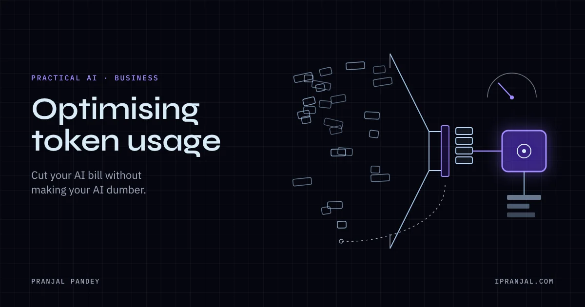 Blueprint of scattered context tokens passing through a filter into a compact AI system, with a usage gauge.