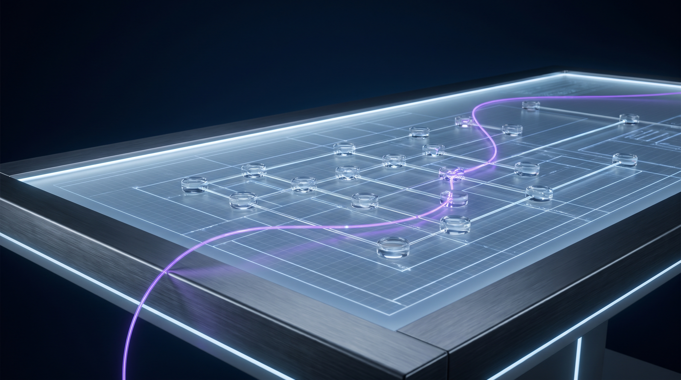 Technical review table with connected architecture nodes